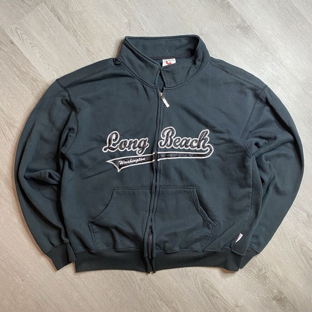 Long Beach Washington College Letters Full Zip Black Sweater Size XL GoGo Sports